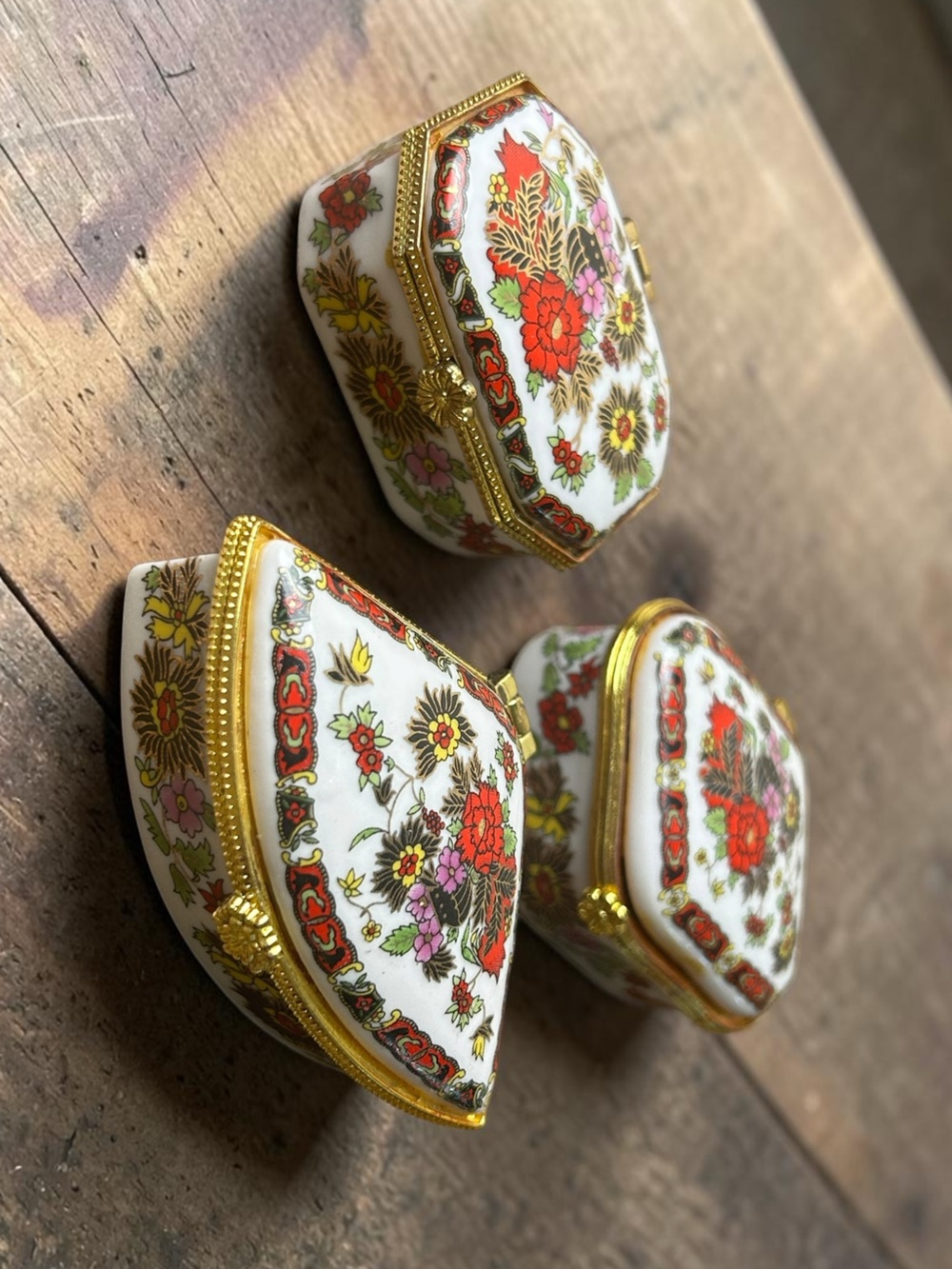 Set of 3 Vintage Floral Porcelain Hinged Trinket Boxes